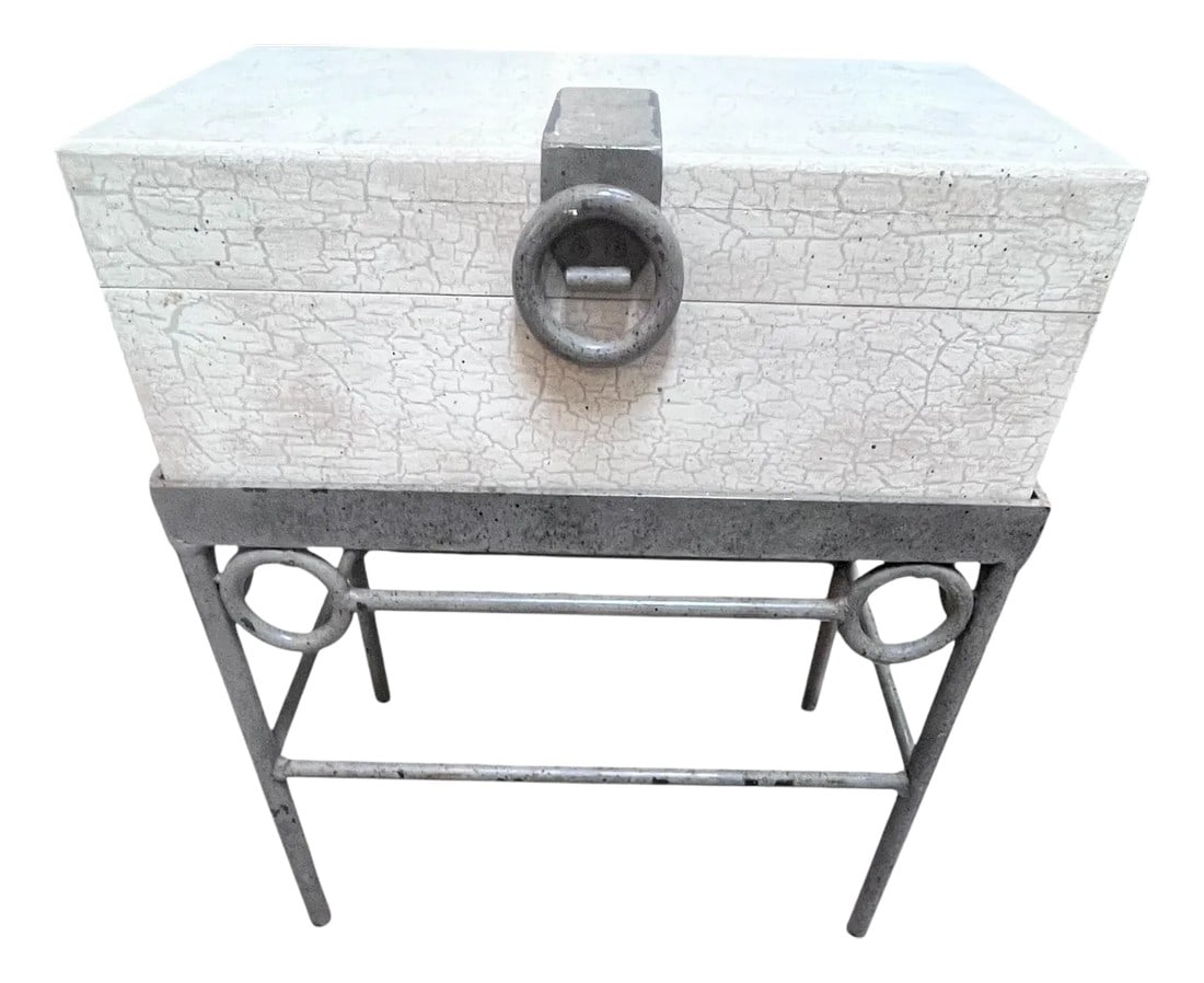 1990s Capozzi Kocacs Design Wooden Box on an Iron Stand: Beautifully made wood box on an iron forged, stand for strength and durability with makers mark Capozzi Kovak Designs. Condition: Alterations: Original Condition Unaltered Imperfections: Some