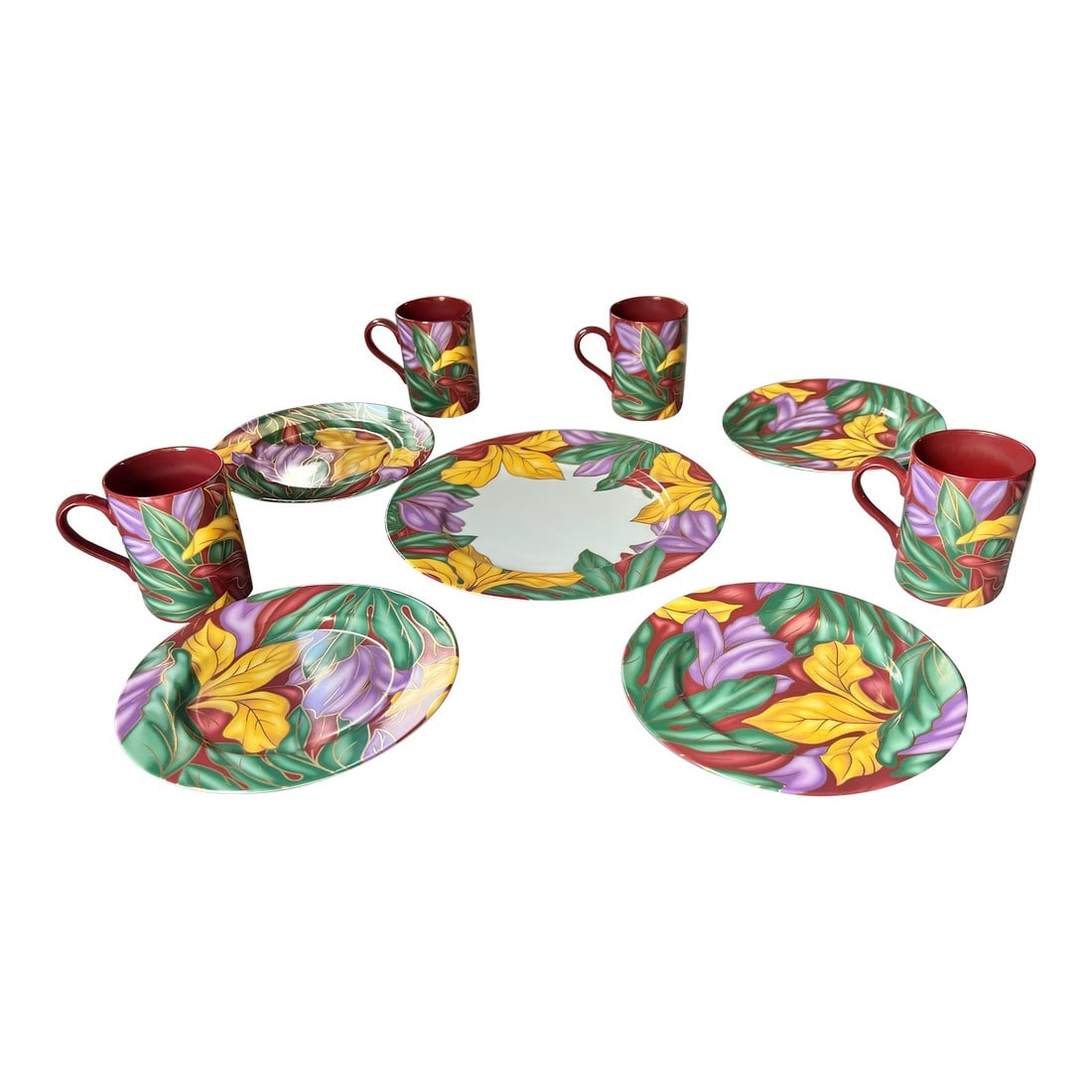 Vintage Colorful Tropical Style Dessert Dish Set- 9 Pieces: Great set for serving appetizers or dessert to four people. Set of dishes from Fitz & Floyd. Vibrant multicolored Cloisonne' Tropicana pattern. Features bold floral leaves in gold, purple, burgundy,