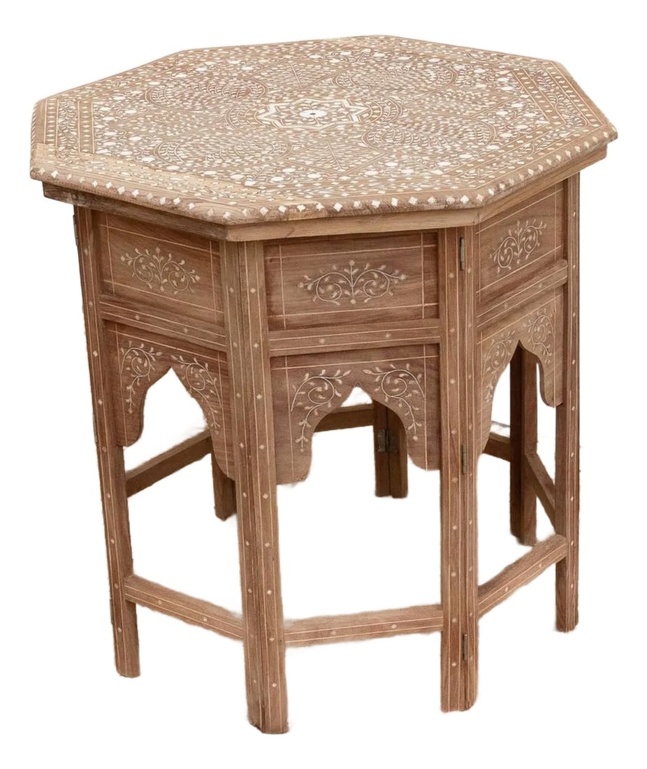 Royal Mandala Inlay Octagonal End Table: Introduce a touch of exotic elegance and intricate artistry, reminiscent of patterns found in sacred mandalas and royal floral motifs, with this octagonal inlay table. Each table, measuring 24 inches