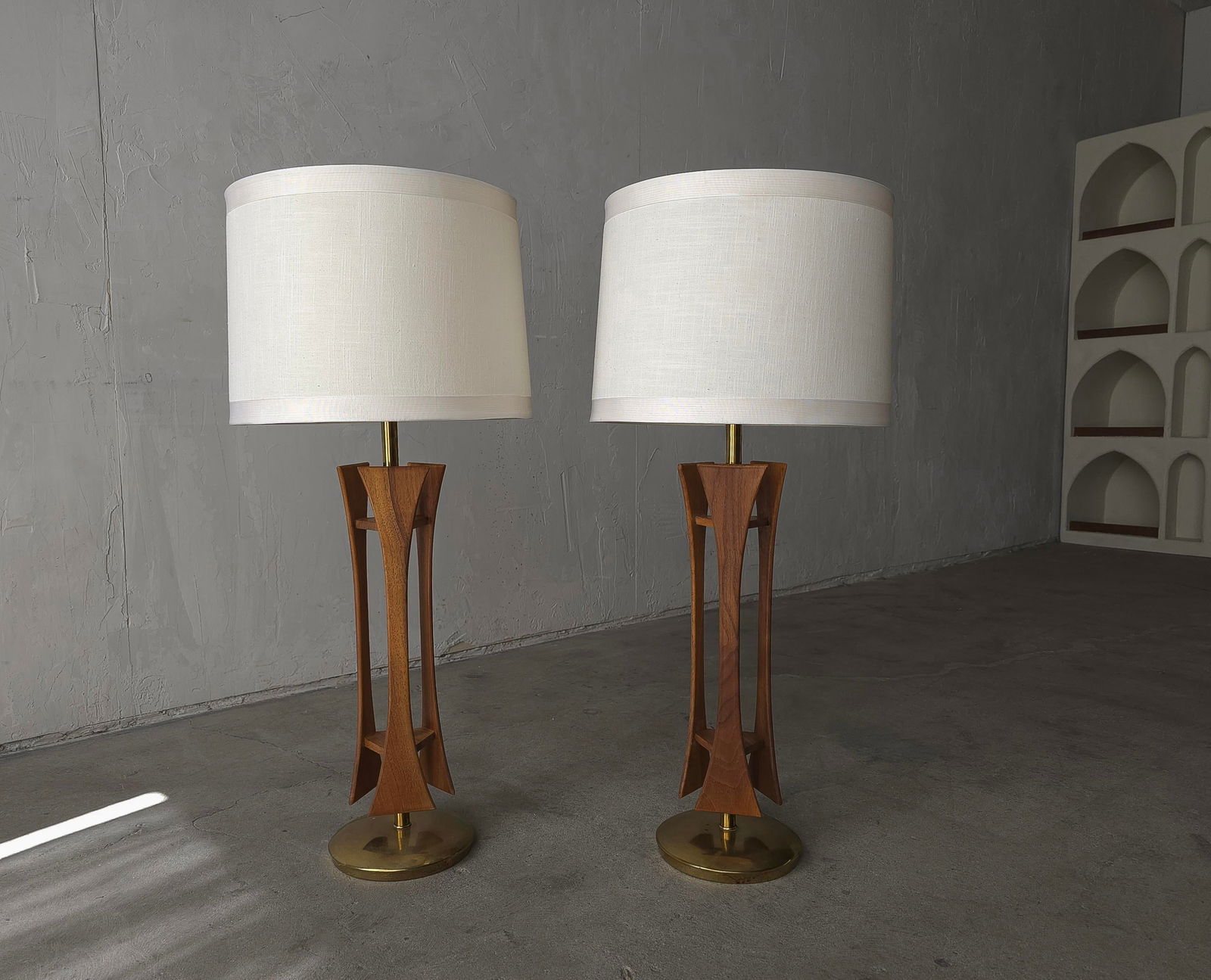 Pair of Mid Century Walnut and Brass Table Lamps - 2