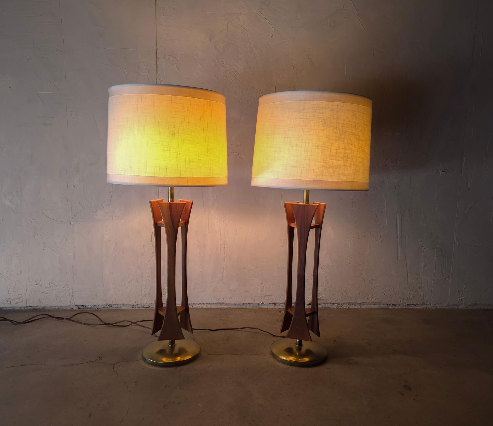 Pair of Mid Century Walnut and Brass Table Lamps - 3