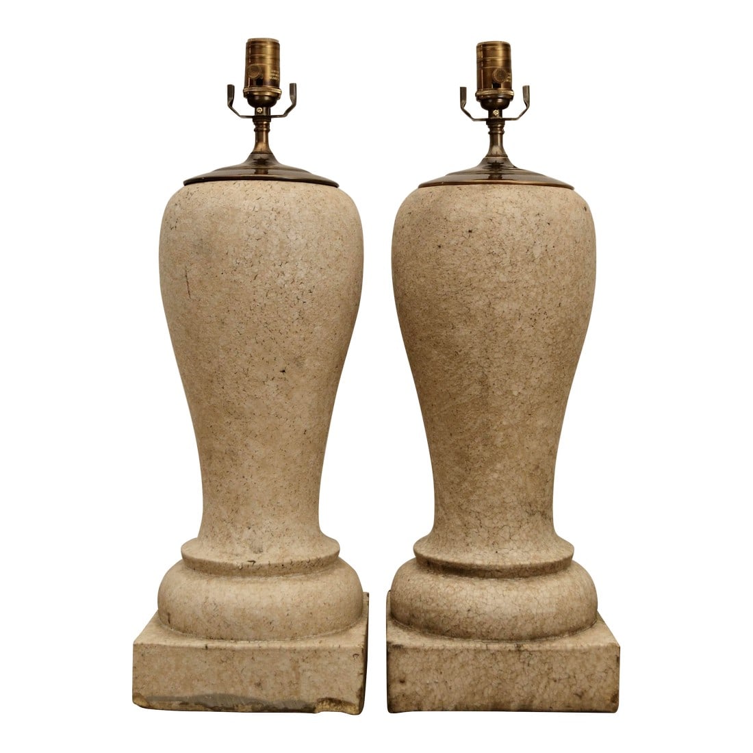 Antique Architectural Stone Balustrade Lamps - A Pair: Unique pair of salvaged and repurposed stone balustrade lamps. Heavy stone forms as found with original imperfect and charming patina. New antique brass hardware with dimmer sockets and fabric cord. 