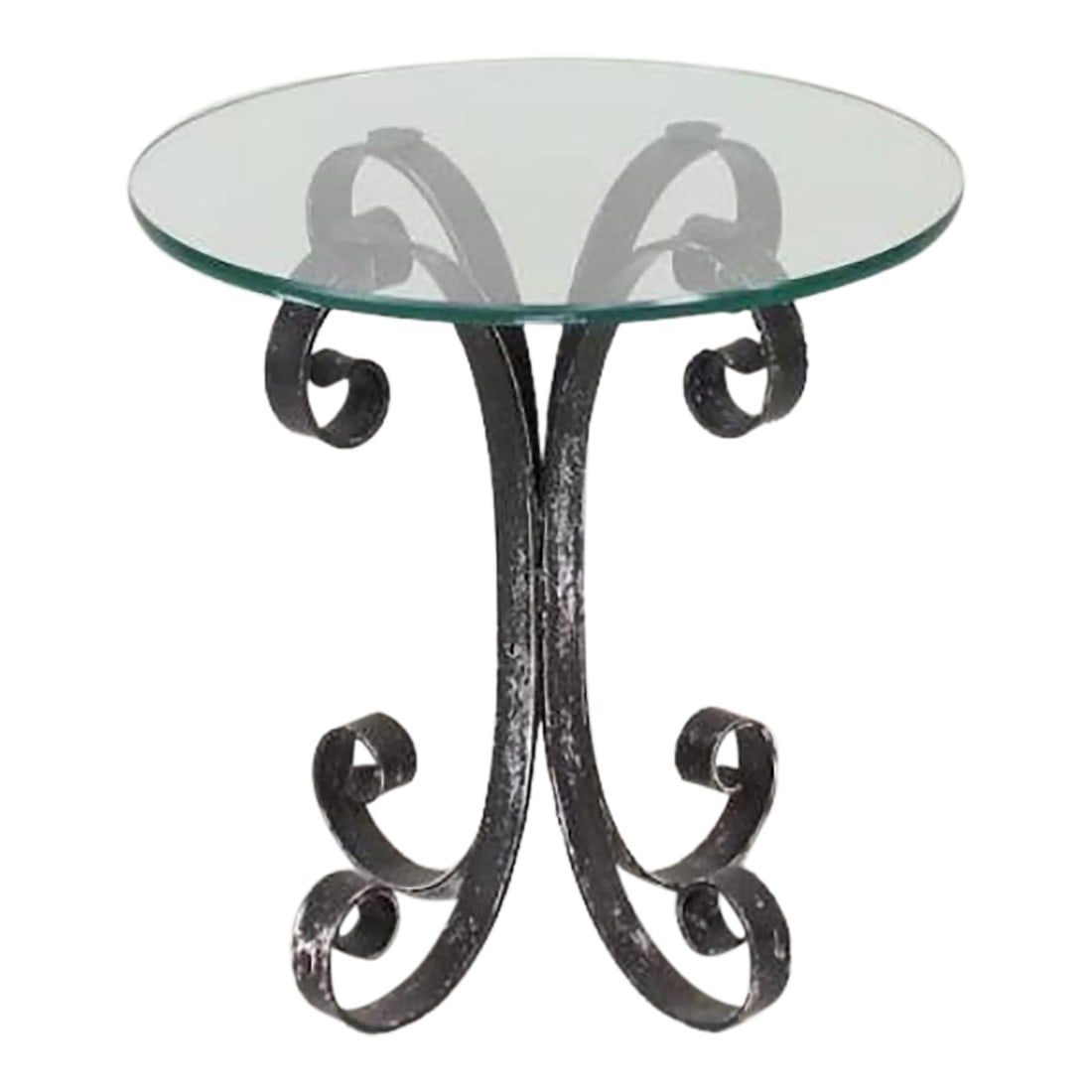 1950s Mid Century Modern Curved Wrought Iron and Glass Side Table: A very sturdy hand made wrought iron table in black with a round tip. Very modern looking but works with everything. Could go indoors or out. Condition: Alterations: Original Condition Unaltered Imper