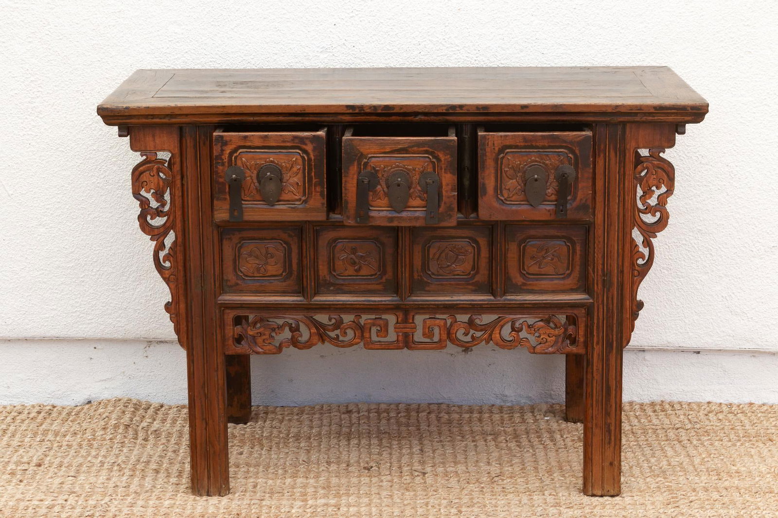Antique Carved Ming Style-3 Drawer Console - 10