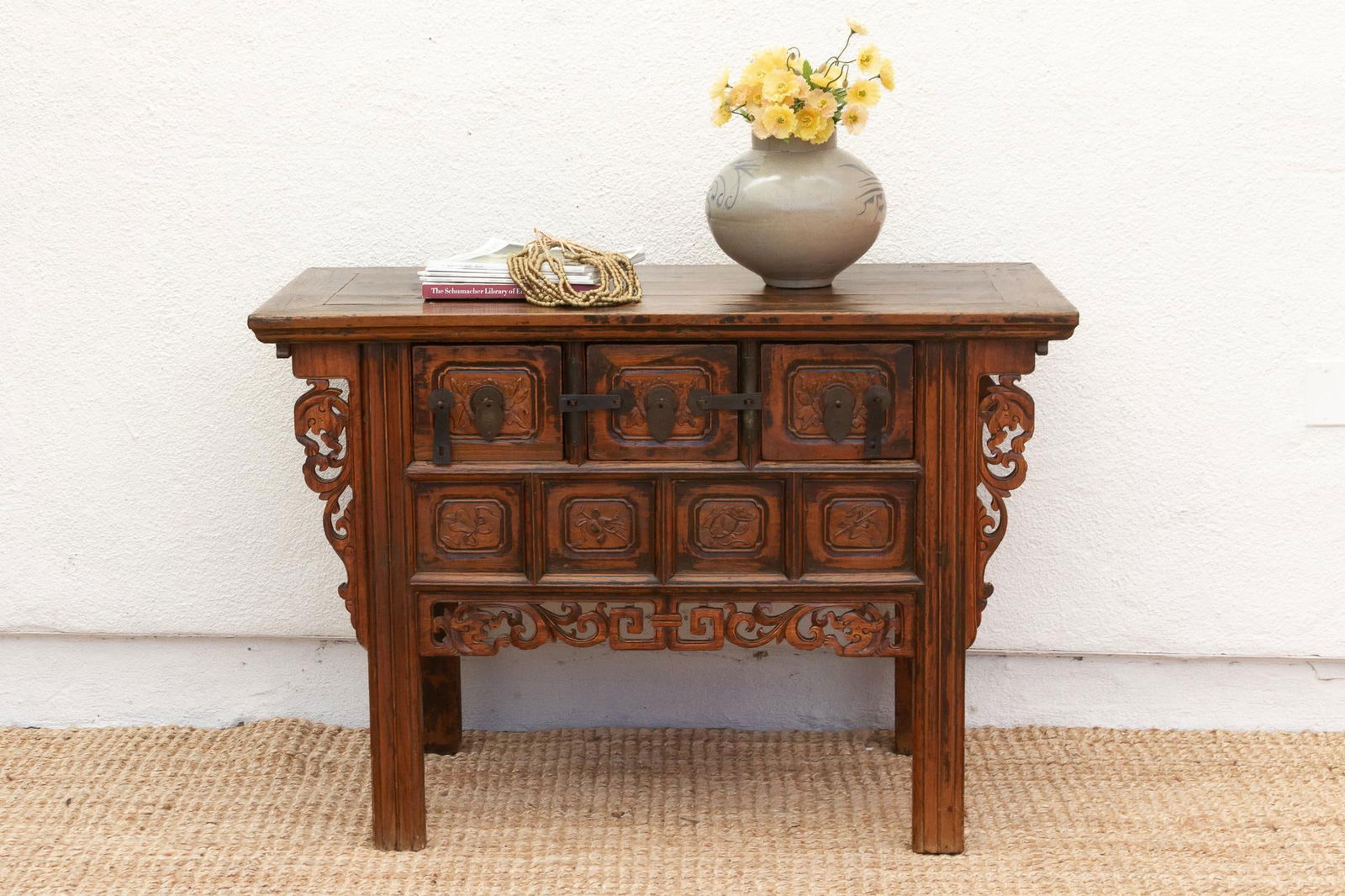 Antique Carved Ming Style-3 Drawer Console - 12