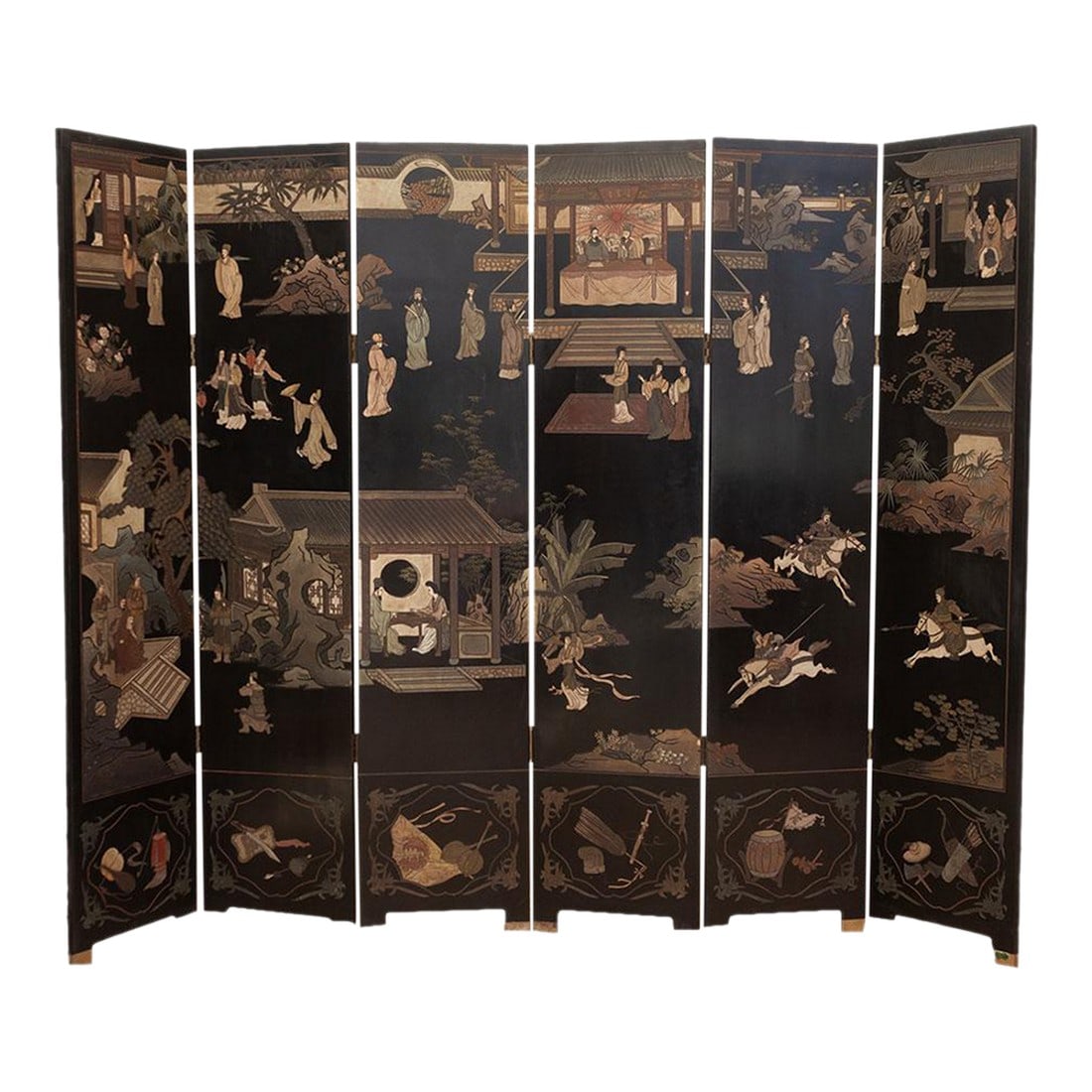 Elegant Six-Panel Black & Gold Lacquer Coromandel Screen: A dramatic statement of Asian artistry to your space with this impressive six-panel black lacquer Coromandel screen. Measuring 108 inches (9 feet) long and a striking 84 inches high, this folding