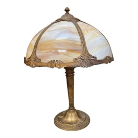 Early 20th Century Six Panel Slag Glass Leaded Table Lamp