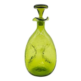 Blenko #49 Olive Kiwi Crackle Decanter by Winslow Anderson With Stopper, Mid-Century Modern