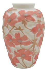 1930s Art Deco Phoenix Glass Vase With Raised Pink Dogwood Blossoms by Consolidated