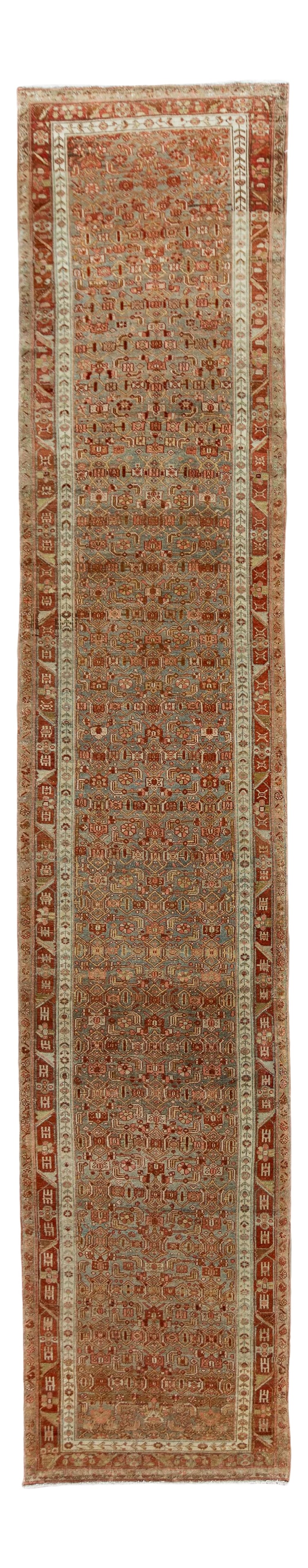 Early 20th Century Antique Malayer Wool Runner Rug: Beautiful antique Persian Malayer runner rug, hand-knotted wool with a light blue field, tan and ivory accents in an all-over classic motif. This rug measures 3' 2" x 16' 2" Circa 1900. 