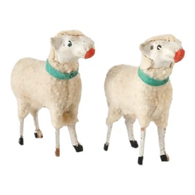 1940s German Wool Stick Leg Sheep, a Pair