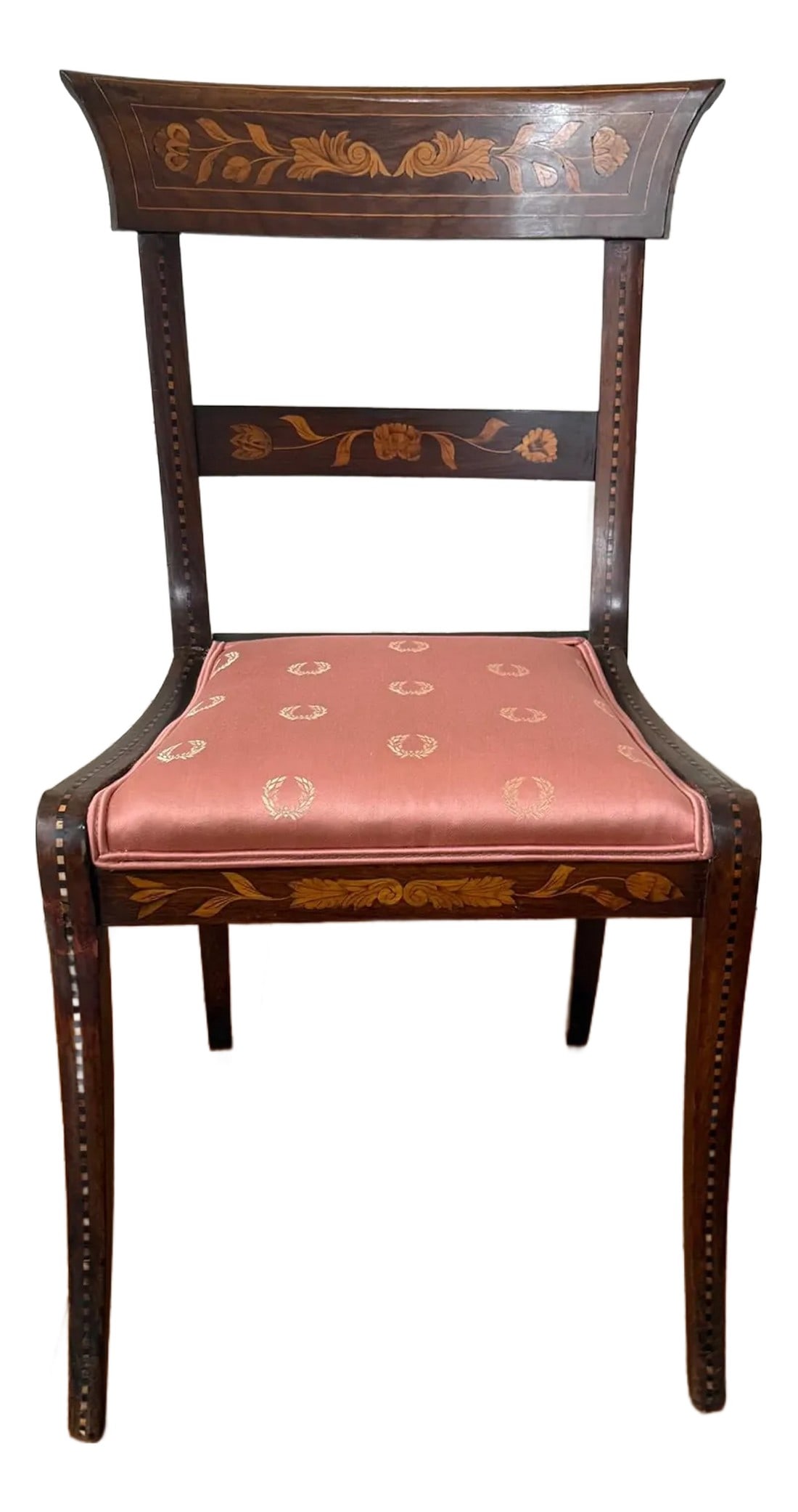 Late 19th Century Dutch Regency Satinwood & Mahogany Marquetry Side Chair: This striking armless side chair is a fine example of late 19th century Dutch craftsmanship, featuring an elegant Regency-inspired design. Crafted from solid wood, the chair is richly adorned with int