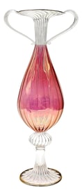 1940s Murano Hand-Blown Cranberry & Gold Venetian Glass Vase With Handles