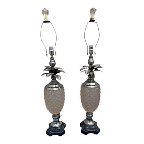 1990s Mid-Century Modern Faux Cut Crystal and Metal Pineapple Table Lamps - Set of 2