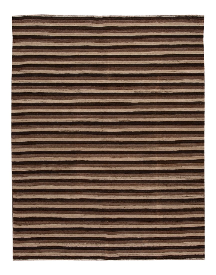 21st Century Modern Flatweave Wool Rug: Beautiful hand-knotted contemporary flatweave kilim wool rug. This rug has brown, beige, and black stripes in an all-over design. This rug measures 9' 3" x 11' 11" Condition: Imperfections: No