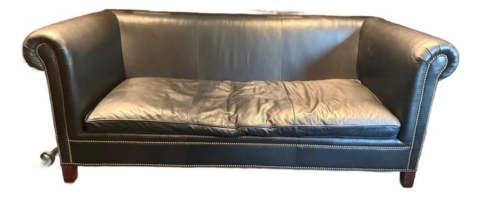 1990s Ralph Lauren Vintage Brompton Distressed Leather Sofa, English Cowhide & Custom Wool Cushions