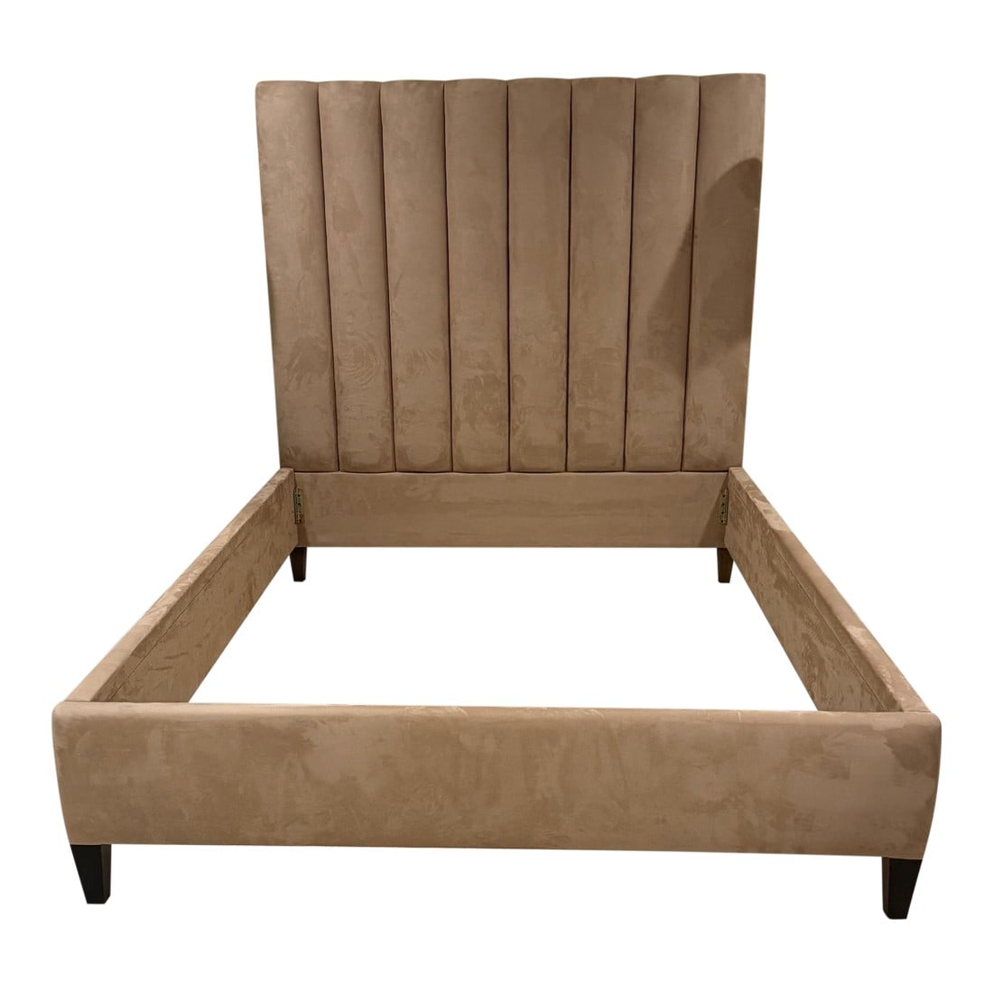 Custom Microsuede Queen Bed Frame With Channel-Tufted Headboard: Elevate your bedroom with this stunning custom-designed queen bed frame, crafted for both comfort and elegance. Upholstered in luxurious light brown microsuede, this piece blends modern sophistication