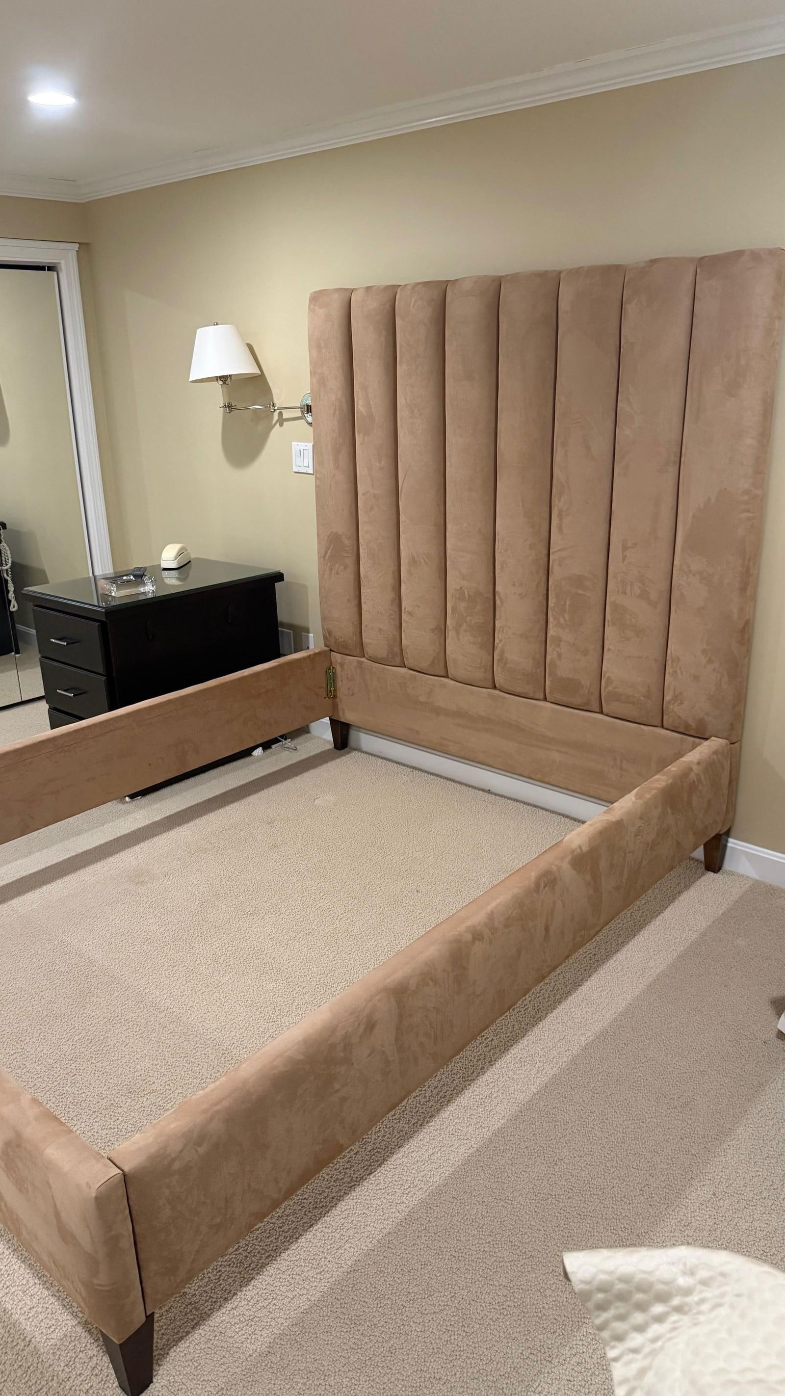 Custom Microsuede Queen Bed Frame With Channel-Tufted Headboard - 2
