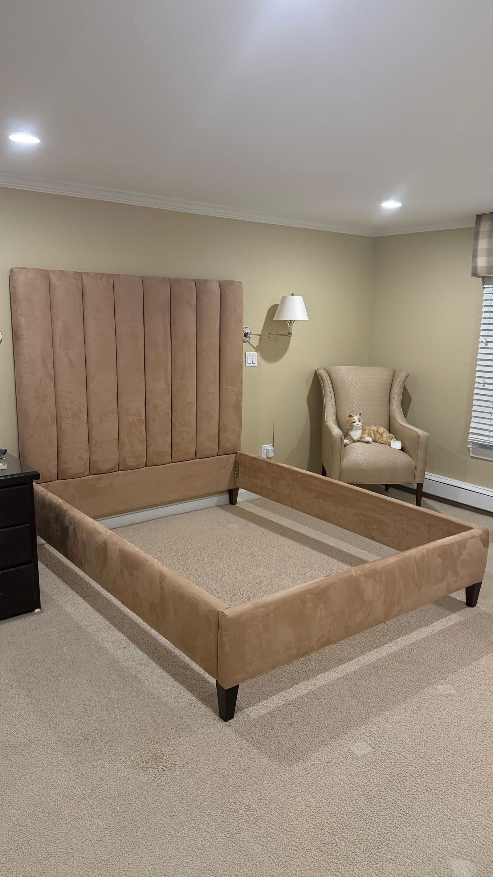 Custom Microsuede Queen Bed Frame With Channel-Tufted Headboard - 3