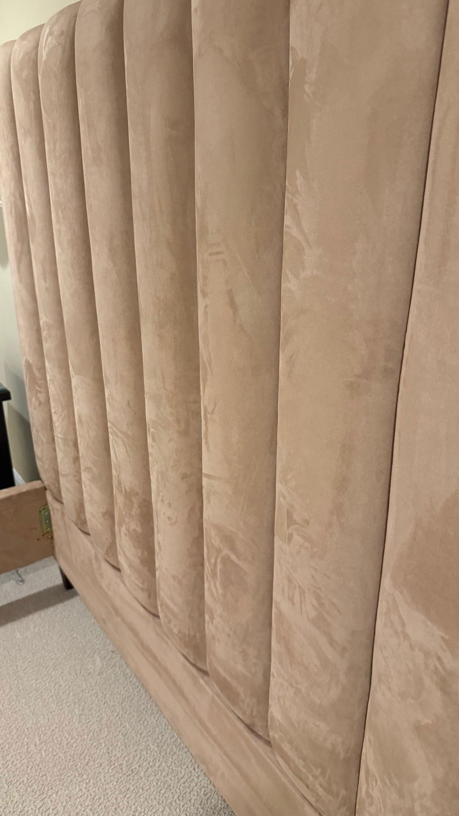 Custom Microsuede Queen Bed Frame With Channel-Tufted Headboard - 4