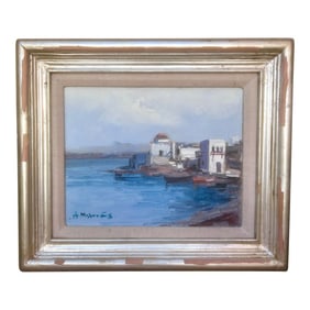 1960s Vintage Original Signed "Oceanfront Fishing Village in Greece" Oil Painting, Framed