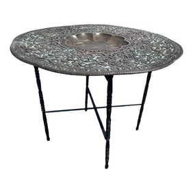 Early 20th Century Beaten Brass Tea Table With Carved Base by Jaypore