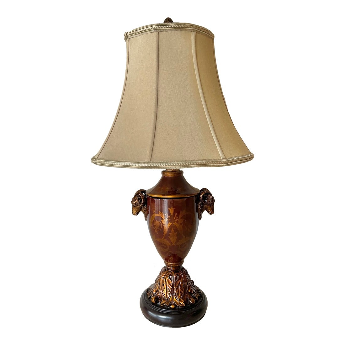 Vintage Urn Shaped Lamp With Rams Head Handles With Shade by Bradburn Gallery: Bradburn Gallery table lamp are known for its distinctive design and high-quality craftsmanship. Bradburn Gallery lamps often feature unique shapes, intricate details, and rich finishes. This lamp has