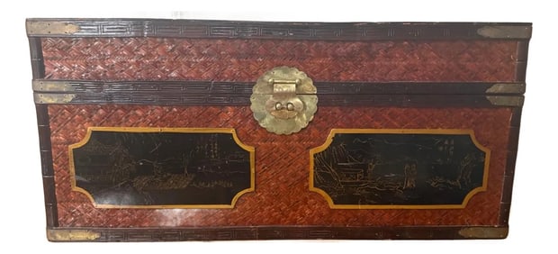 Handmade Maitland-Smith Chinoiserie Bamboo Trunk Chest With Hand-Painted Panels