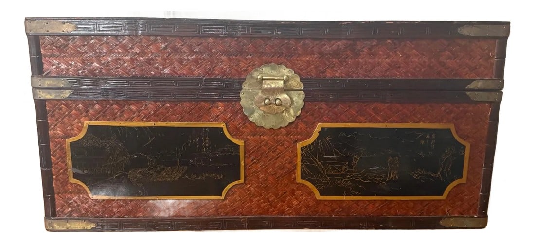 Handmade Maitland-Smith Chinoiserie Bamboo Trunk Chest With Hand-Painted Panels: Bring timeless elegance and artisan craftsmanship into your home with this handmade Maitland-Smith Chinoiserie trunk chest. Crafted in China, this rectangular trunk showcases a red woven bamboo exteri