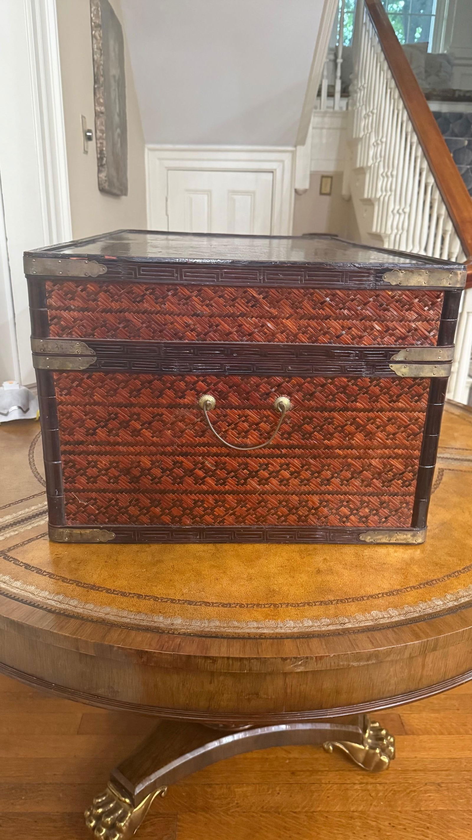 Handmade Maitland-Smith Chinoiserie Bamboo Trunk Chest With Hand-Painted Panels - 2
