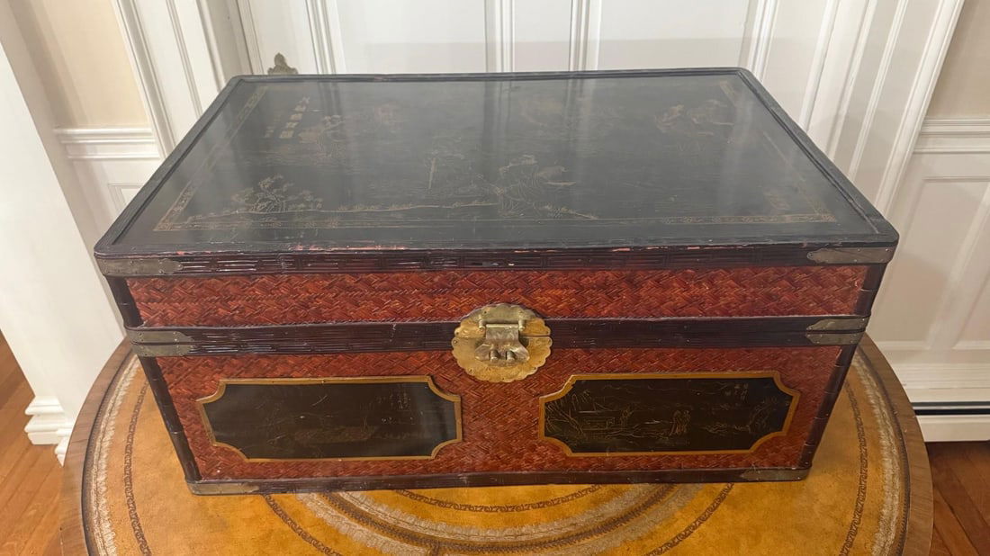 Handmade Maitland-Smith Chinoiserie Bamboo Trunk Chest With Hand-Painted Panels - 3