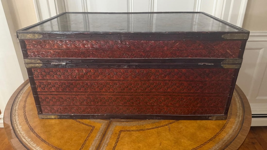 Handmade Maitland-Smith Chinoiserie Bamboo Trunk Chest With Hand-Painted Panels - 4