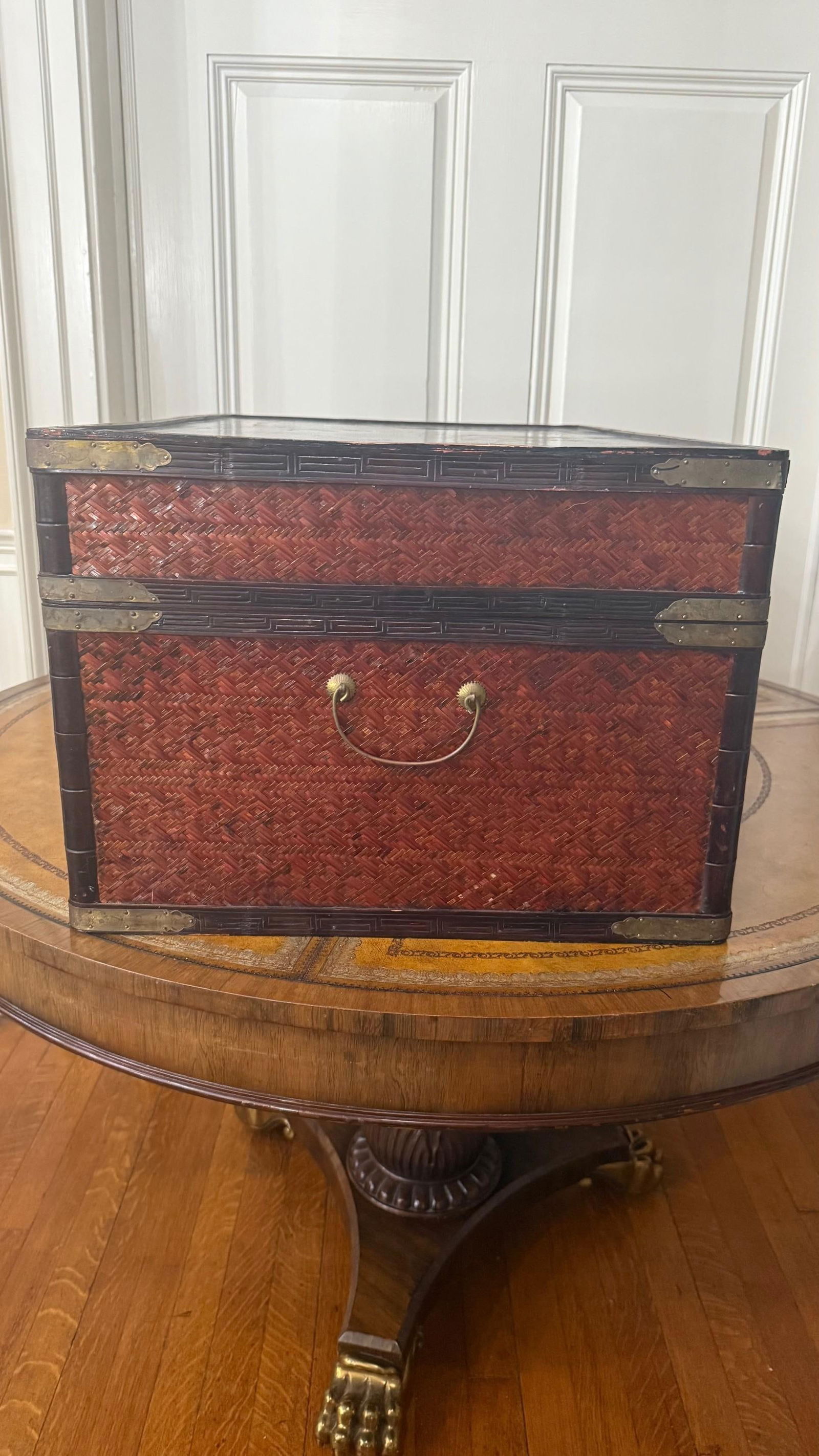 Handmade Maitland-Smith Chinoiserie Bamboo Trunk Chest With Hand-Painted Panels - 5