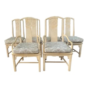 Vintage Late 1970s Set of 6 Henredon Chinoiserie Dining Chairs – Cream Lacquer, Cane Seats,