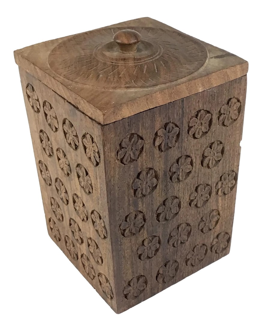 1920s Solid Heavy Wood Carved Covered Box: Heavy wood box with intricate carving all around each side and on the lid. Made from a single piece of wood and using the turning method for making. I am not certain of the species of wood. Hence the