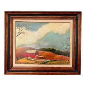 1970s Vintage Expressive Pastoral Landscape Oil on Canvas, Signed Beal (1975), Framed, Blues, Reds