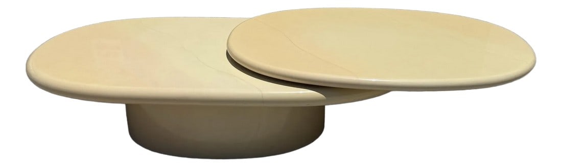 1980s Postmodern Lacquer Goatskin Extendable Swivel Top Coffee Table: Extremely unique 1980s postmodern coffee table with a gloss lacquer finish. This piece has a top leaf, which swivels smoothly 360Â° for added surface space. 30" depth 16" height 54" width