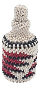 Mid-Century African Beaded Folk Art Glass Bottle – Red White Black With Original Cork