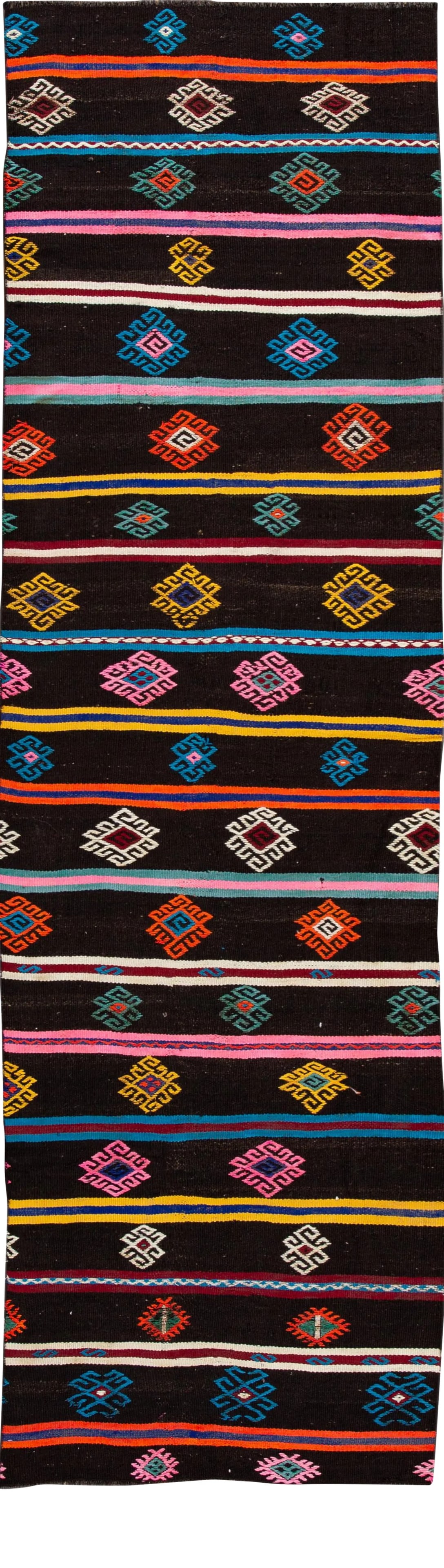 Vintage Kilim Wool Runner: A beautiful vintage Kilim runner with an all-over multi-color motif. This piece has fine details, great colors, and beautiful stripe design. It would be the perfect addition to your home. This rug