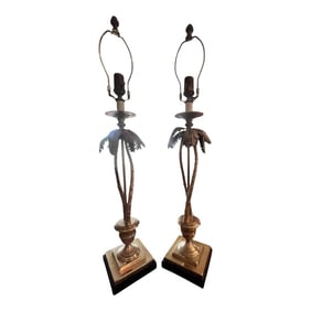 1990s Pair of Solid Brass Palm Tree Table Lamps