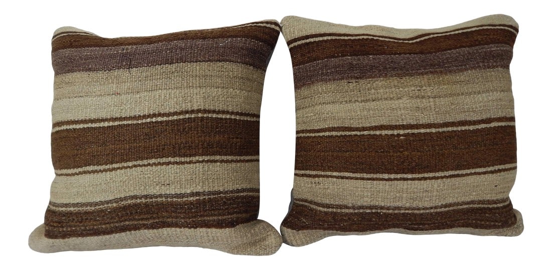 Set of Two Turkish Hemp Kilim Pillow 18" X 18": These beautiful 18" x 18" pillow covers were made from an authentic, vintage Turkish rug handwoven in the 1960s. Bright colors of wool adorn the front of the pillow and the cotton back has a hidden