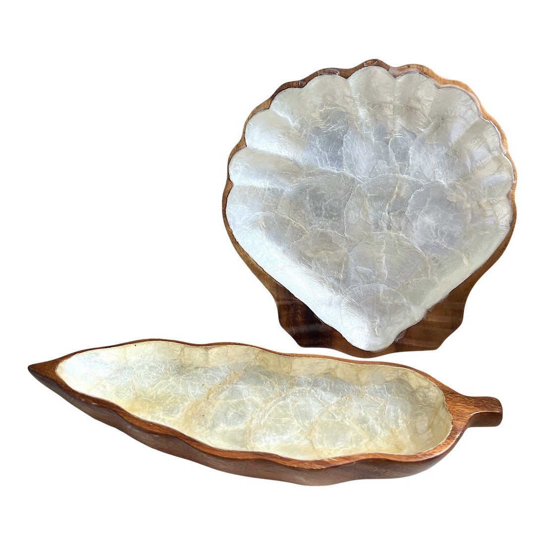 Vintage Large Carved Monkey Pod Wood and White Capiz Shell Lined Palm Fron & Scallop Shell Trays - S (1 of 11)