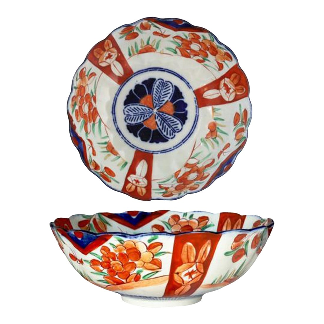 19th-C. Japanese Imari Porcelain 9.75" Bowl: Beautifully hand-painted, this 19th-century Japanese Imari porcelain bowl showcases vivid hues of red, blue, and green in floral and geometric motifs. Its scalloped edge adds elegance to its