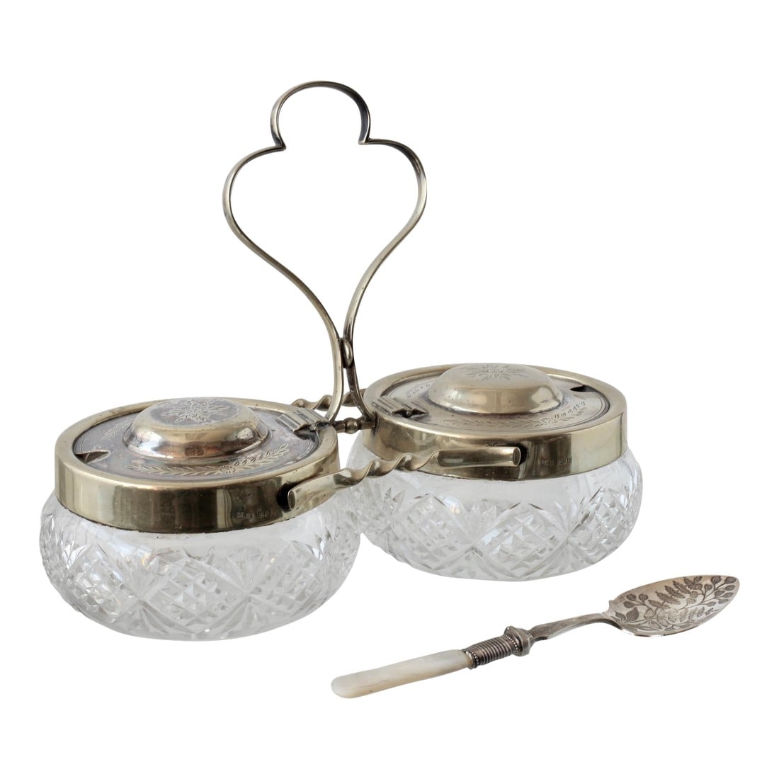 Victorian Preserves Set w/ Pearl Spoon: Charming English Victorian Jam Set featuring etched silverplate lids, cut crystal jars, and a delicate Mother-of-Pearl handled spoon. The heart-shaped handle and intricate detailing make this piece