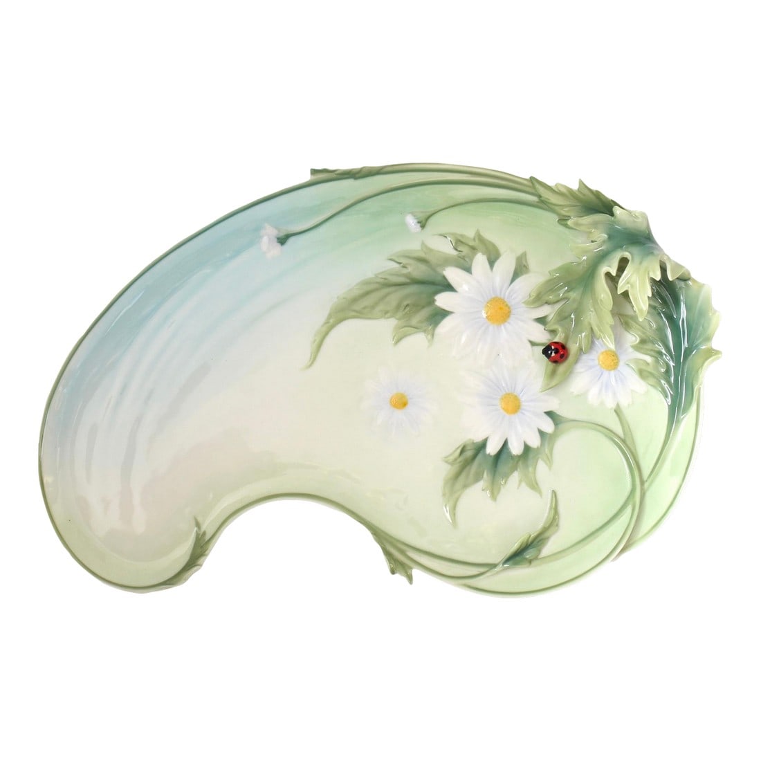 Franz Porcelain Ladybug Platter: Delicate sculptural porcelain platter from Franz, featuring the beloved Ladybug pattern. High-relief daisies and leaves curve organically around the form, with a glossy red ladybug perched in