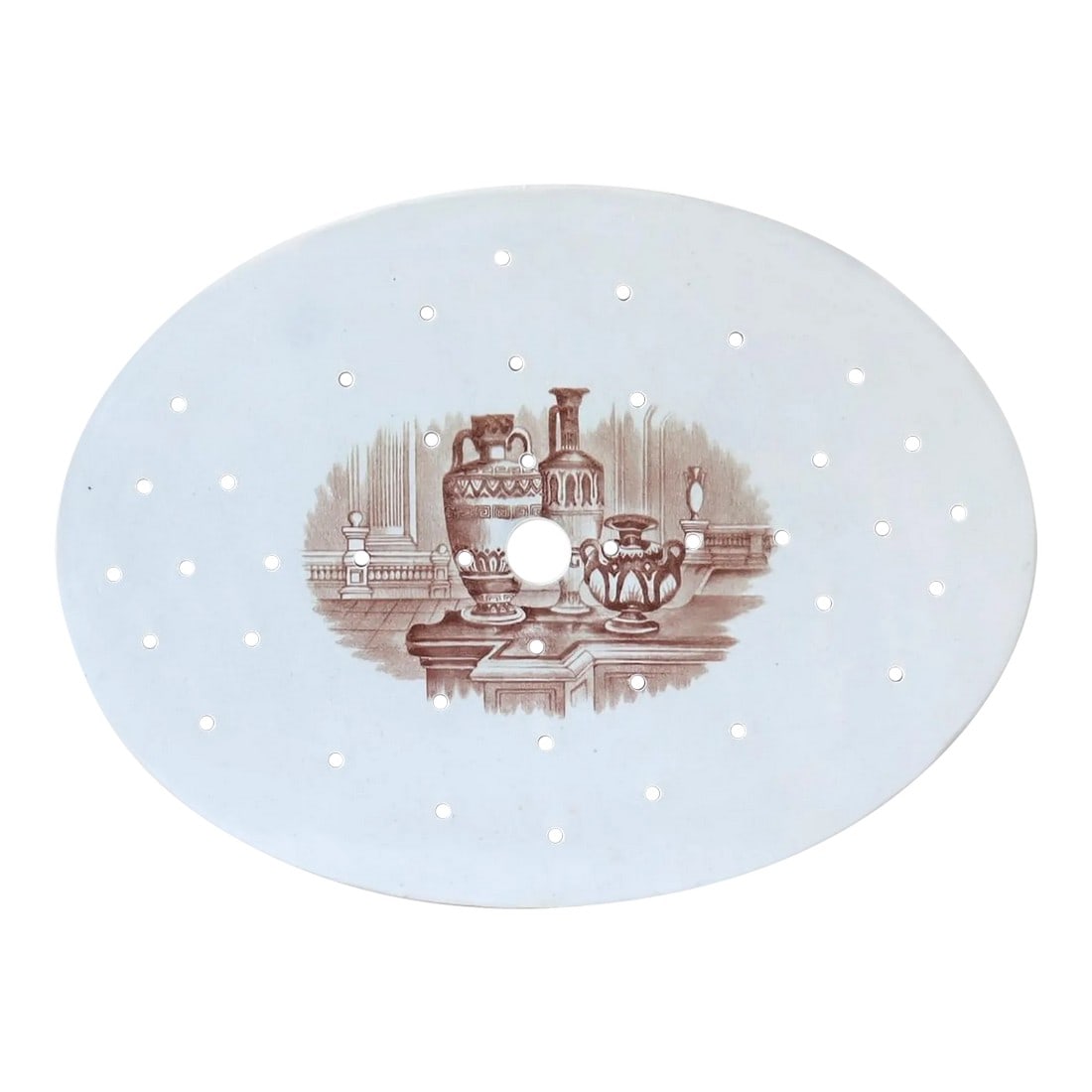 Antique English Ironstone Meat Drainer: Antique English Ironstone meat drainer with a beautiful brown transferware design featuring neoclassical urns and vases. Once used on platters to drain meat juices, this piece is now more commonly