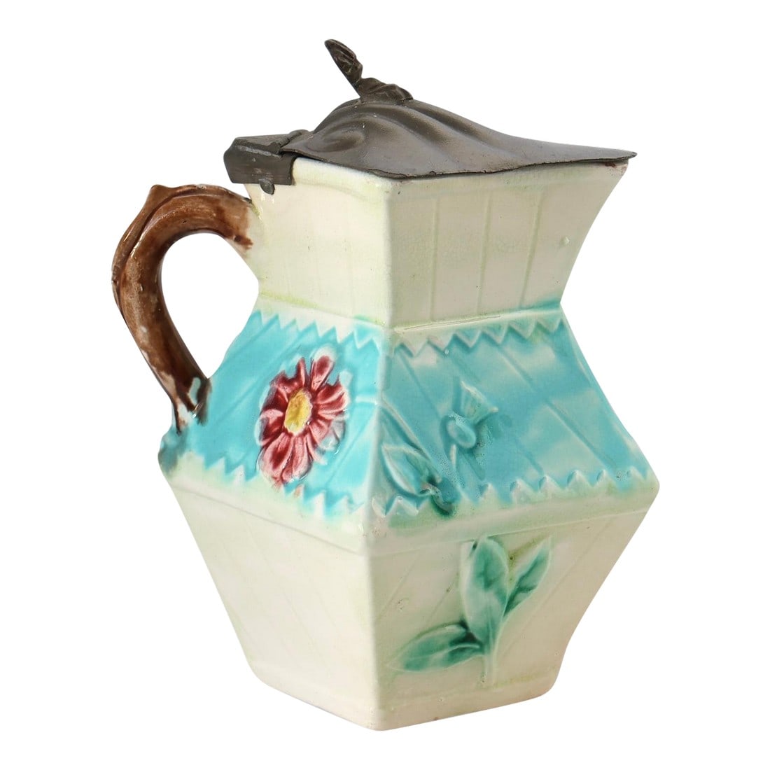 Antique English Majolica Syrup Pitcher W/Pewter Lid (1 of 6)