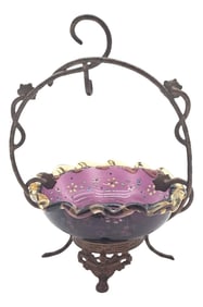 Belle Époque Amethyst Enameled Floral Sugar / Caviar Bowl in Scrolled Iron Stand, Circa 1880