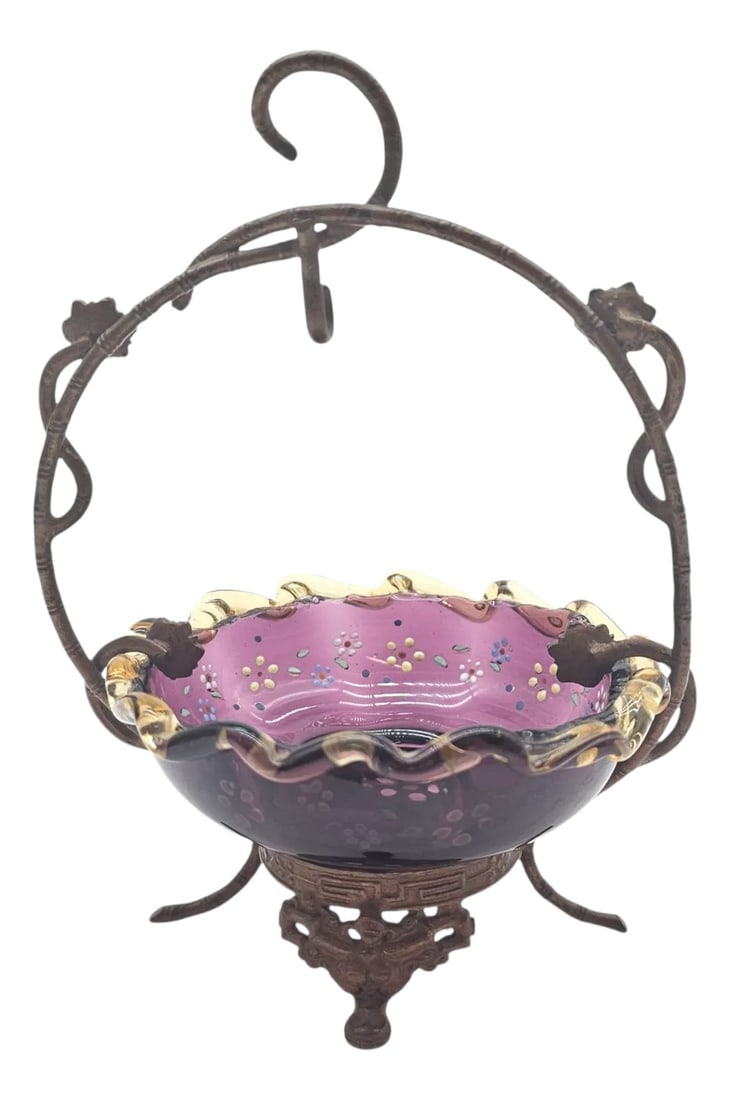 Belle Époque Amethyst Enameled Floral Sugar / Caviar Bowl in Scrolled Iron Stand, Circa 1880 (1 of 8)