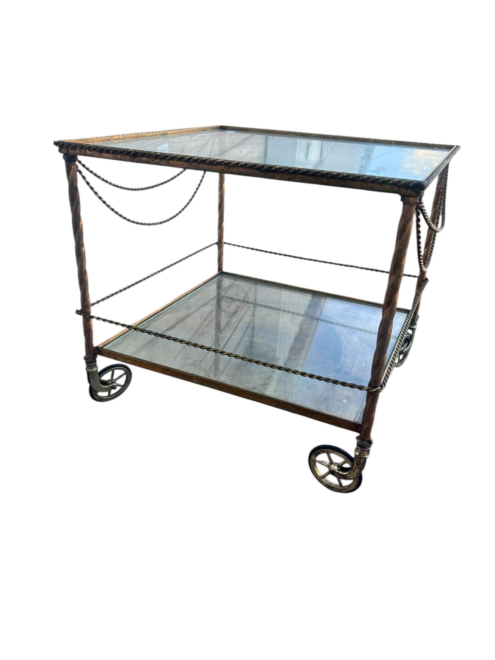 1980s Vintage Wrought Iron Bar/ Tea Serving Cart Glass Two Tier - 10
